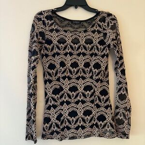 La Scala Metallic Lace Sheer Long Sleeve Top Black Silver Women’s Medium
